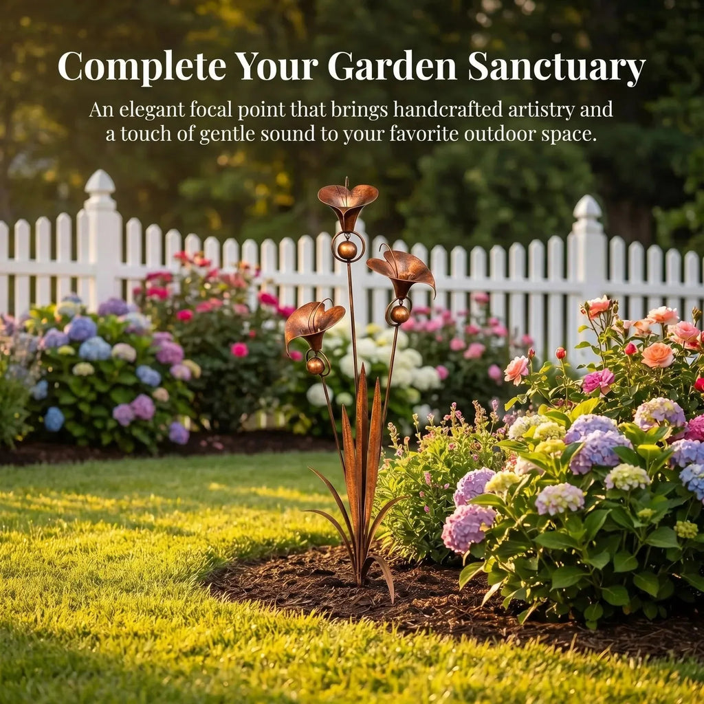Flamed Copper Three Calla Lilies Garden Stake with Bells
