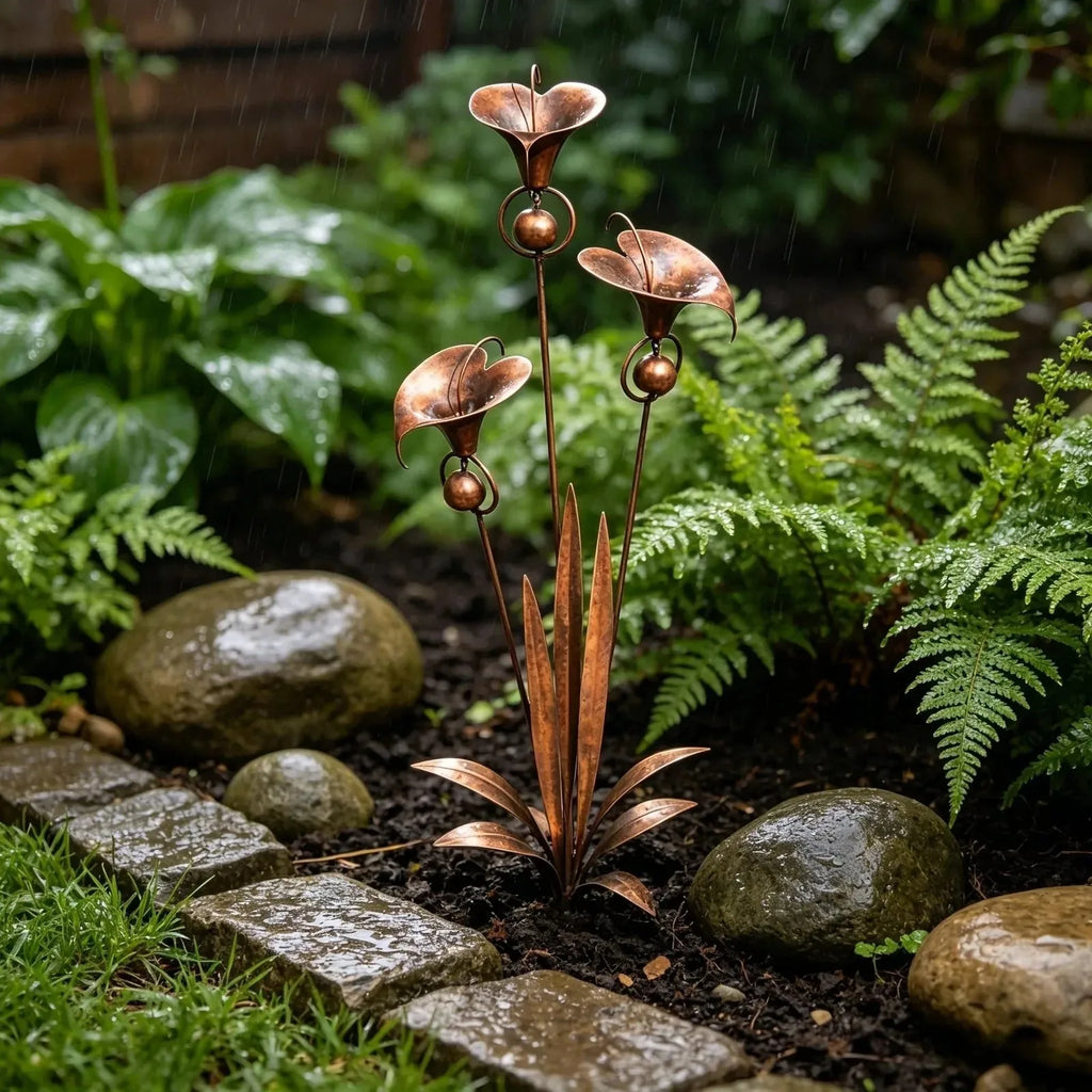 Flamed Copper Three Calla Lilies Garden Stake with Bells