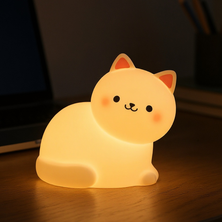 Satsus® White Kitten Squishy Silicone Animal Night Light Soft Glow Perfect Gift