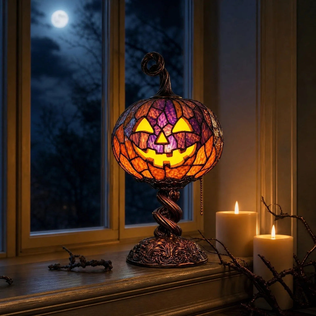 Halloween Stained Glass Pumpkin Table Lamp USB Rechargeable
