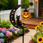 Solar Black Cat Pumpkin Moon Garden Stake Light for Halloween Yard Decor