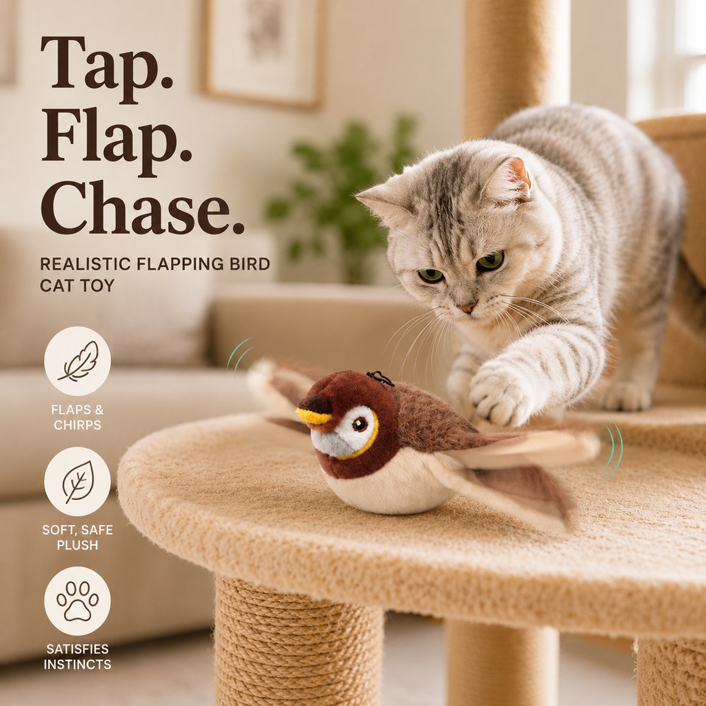 SatsusRechargeable Flapping Bird Cat Toy for Indoor Cats - Tap-Activated Plush Kicker Toy for Boredom Relief & Hunting Instinct Play