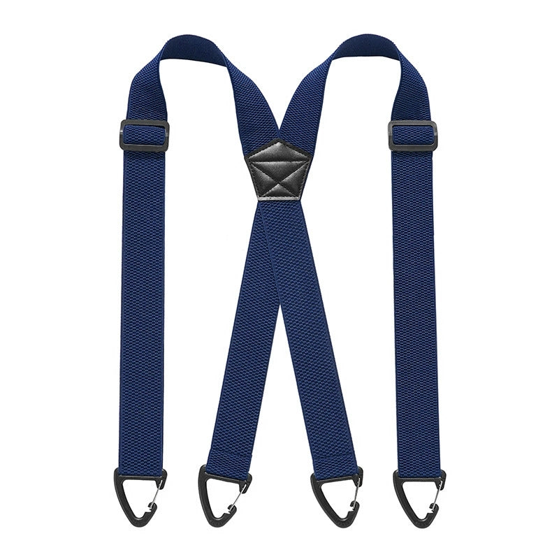 Navy blue X-back men's belt loop suspenders with adjustable straps and hook attachments