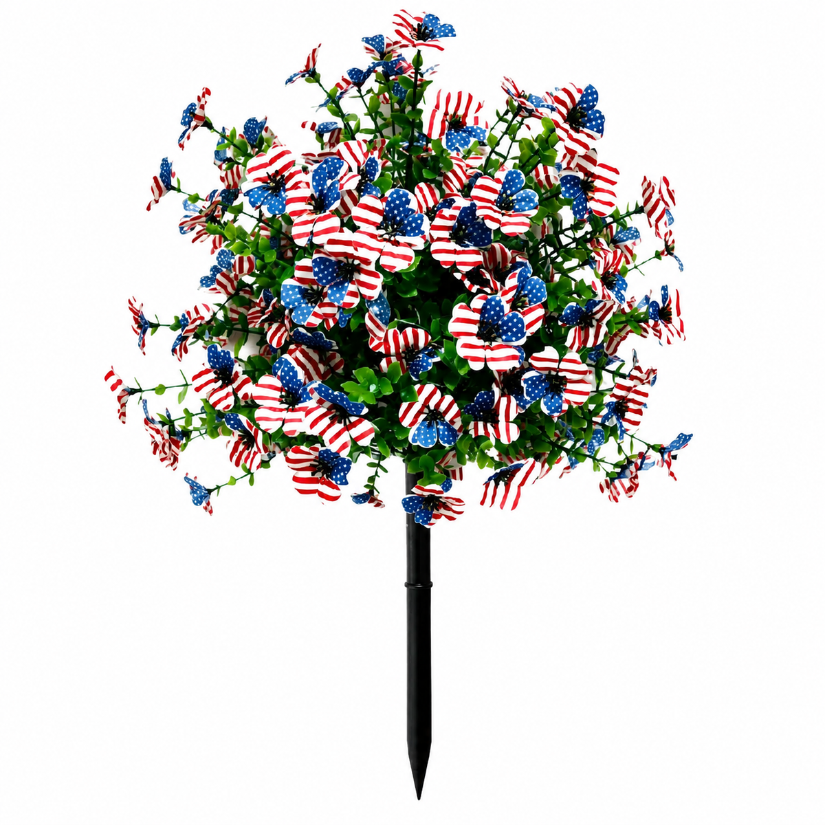 Patriotic artificial flower stake with red, white and blue American flag pattern and black ground stake