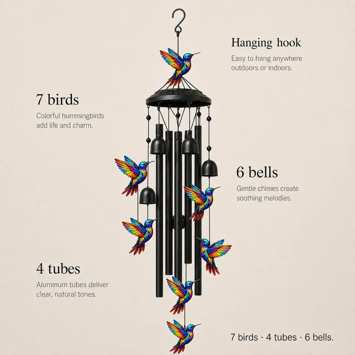 Rainbow Hummingbird Wind Chime, Colorful Aluminum Hanging Decor for Garden, Patio & Porch