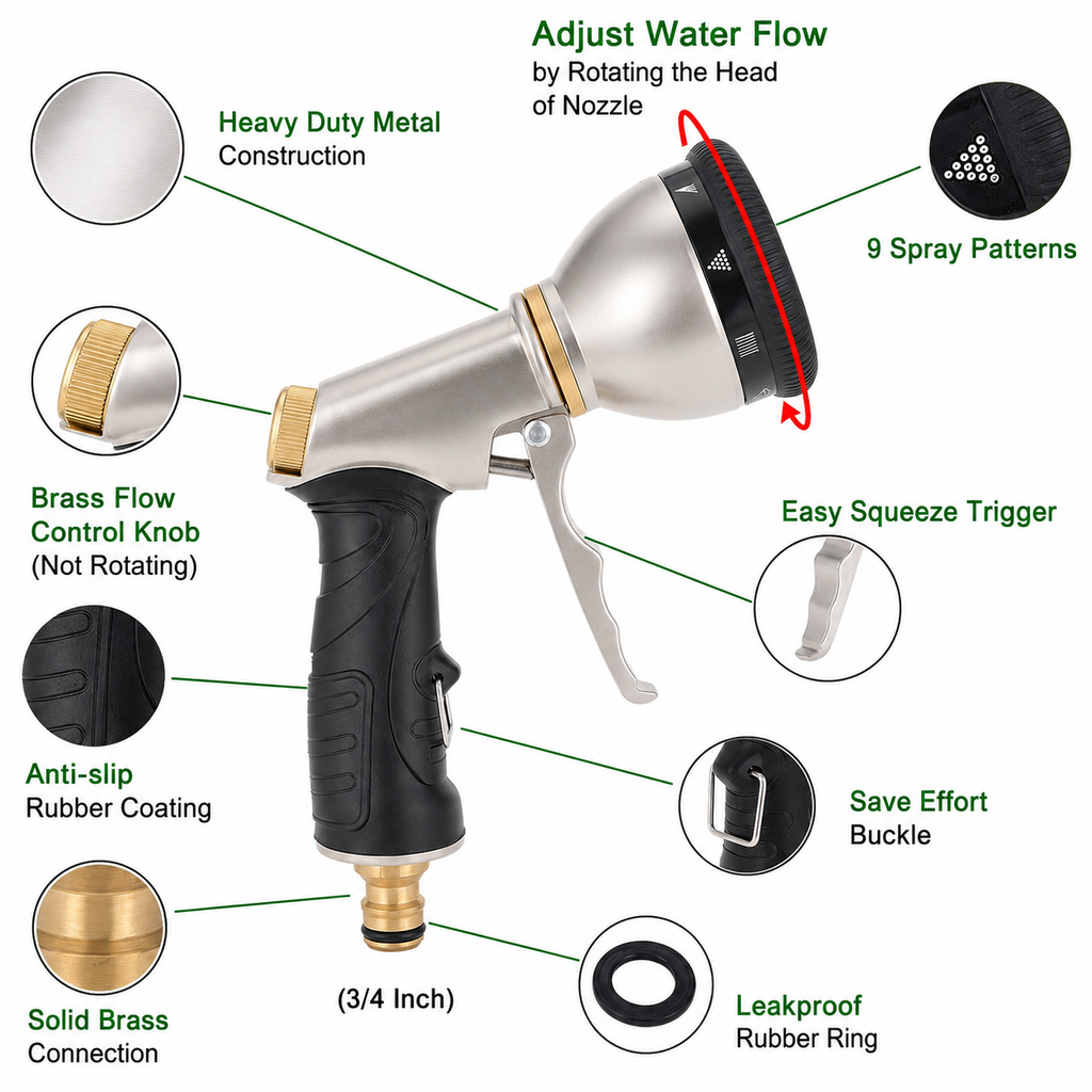 Heavy Duty Metal Garden Hose Nozzle with 9 Spray Patterns