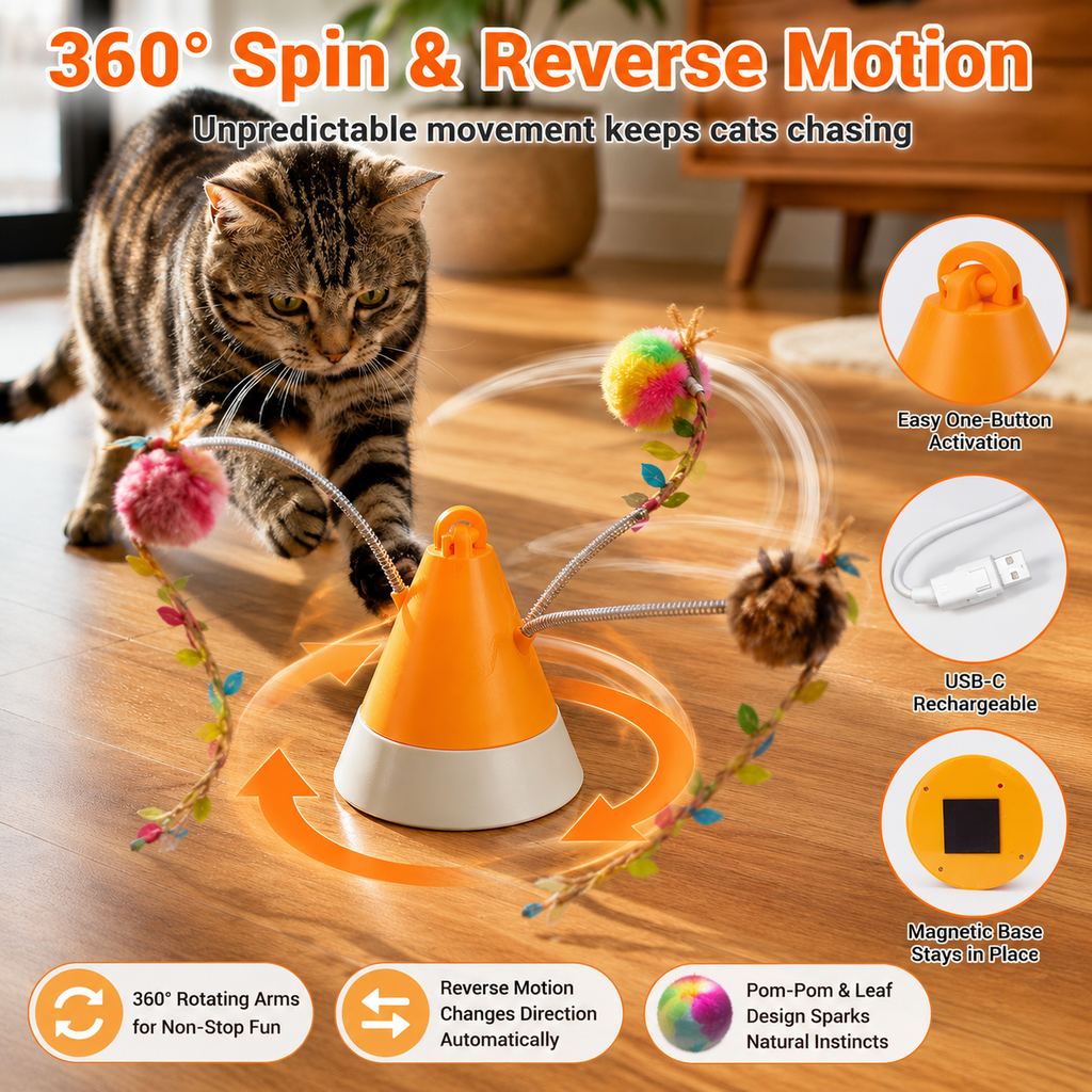 SatsusMiaSpin 360 Magnetic Rotating Cat Teaser Toy for Indoor Cats - USB-C Hands-Free Play to Beat Boredom