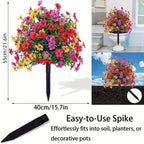 Artificial flower stake measuring 21.6 inches tall and 15.7 inches wide with easy-to-use ground spike