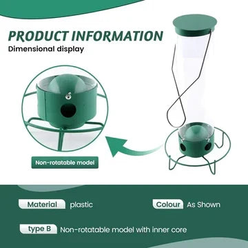 Product details of a squirrel proof bird feeder with hanging design and feeding ports