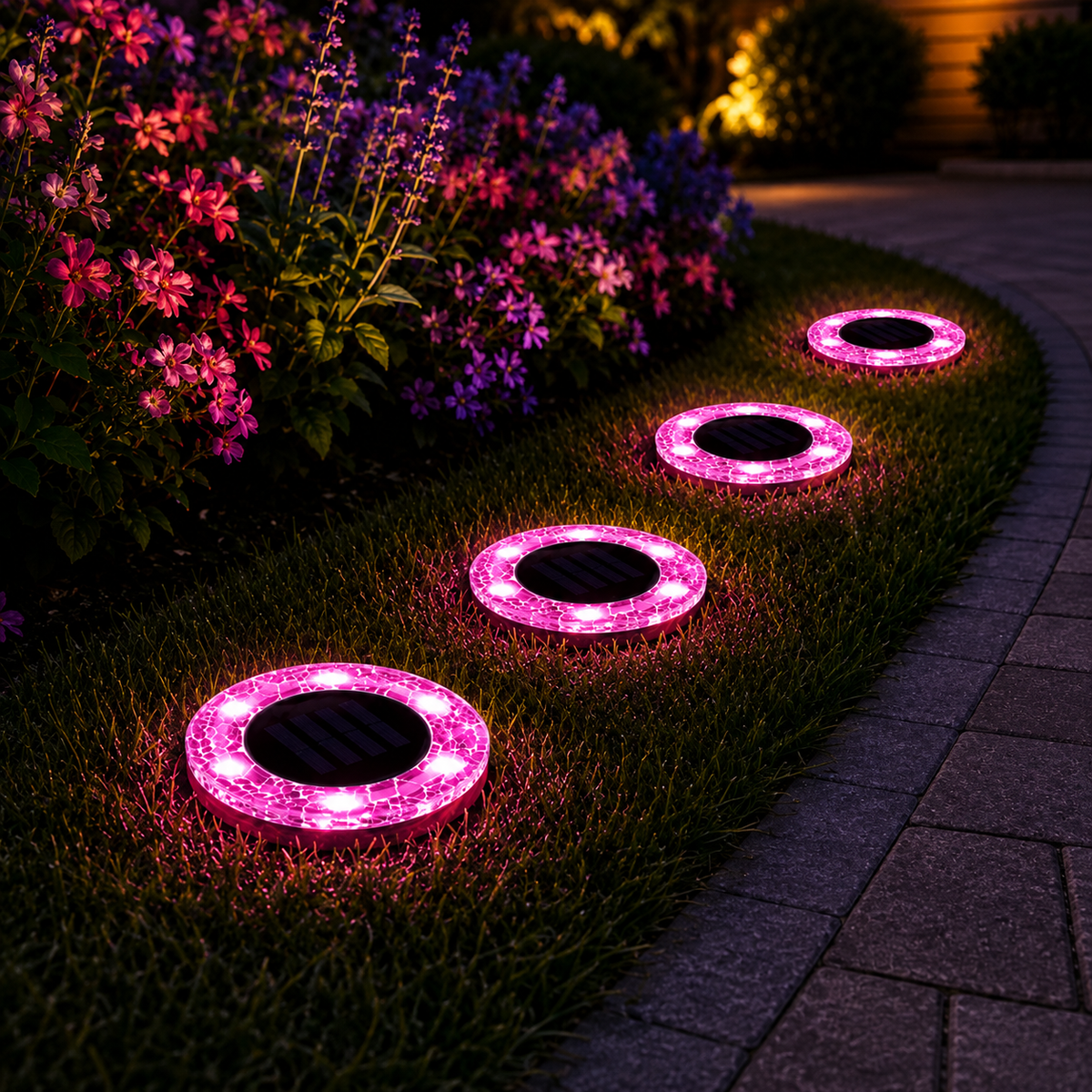 Pink solar ground lights illuminating a garden pathway and flower bed at night