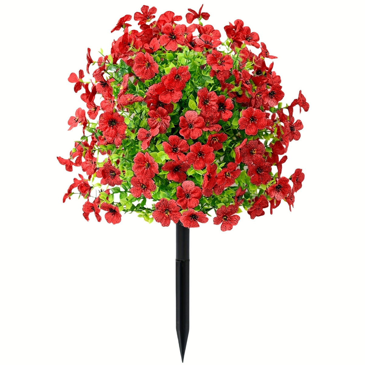 Red artificial flower stake with dense blooms, green leaves and black ground stake