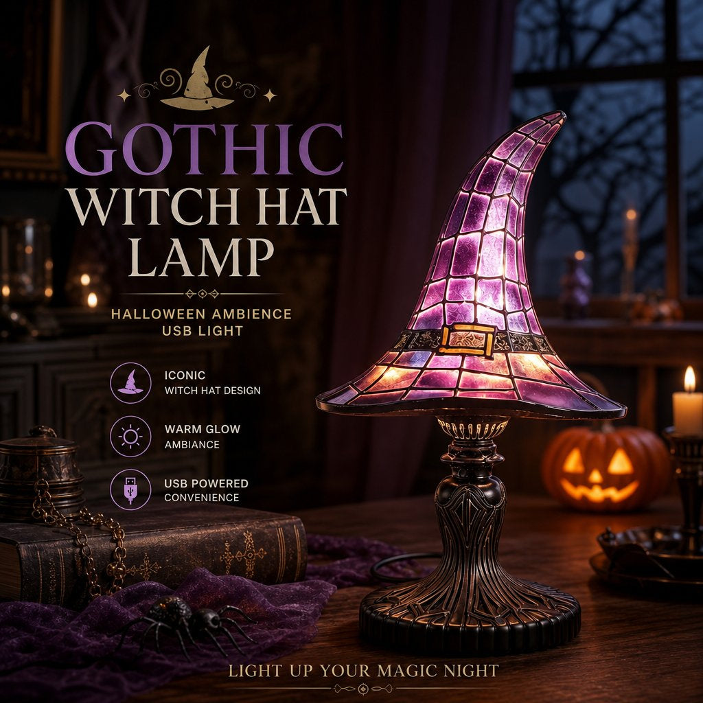 Halloween Gothic Witch Hat Table Lamp Stained Glass Ambient Night Light