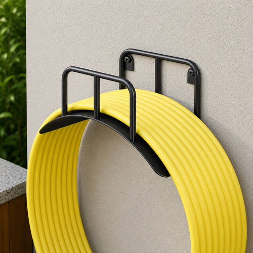 Black 304 stainless steel wall-mounted garden hose holder storing a coiled yellow hose