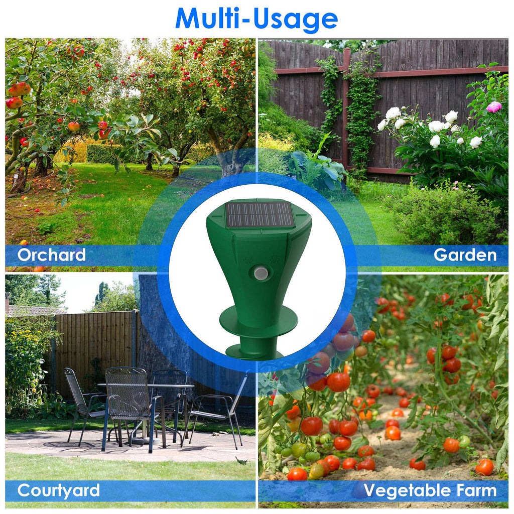 Solar mole repellent stake shown for outdoor use in gardens, orchards, courtyards, and vegetable plots