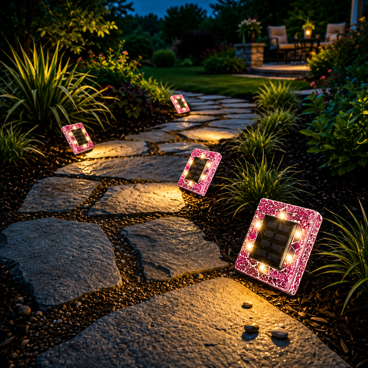 Pink square solar ground lights illuminating a garden pathway at night