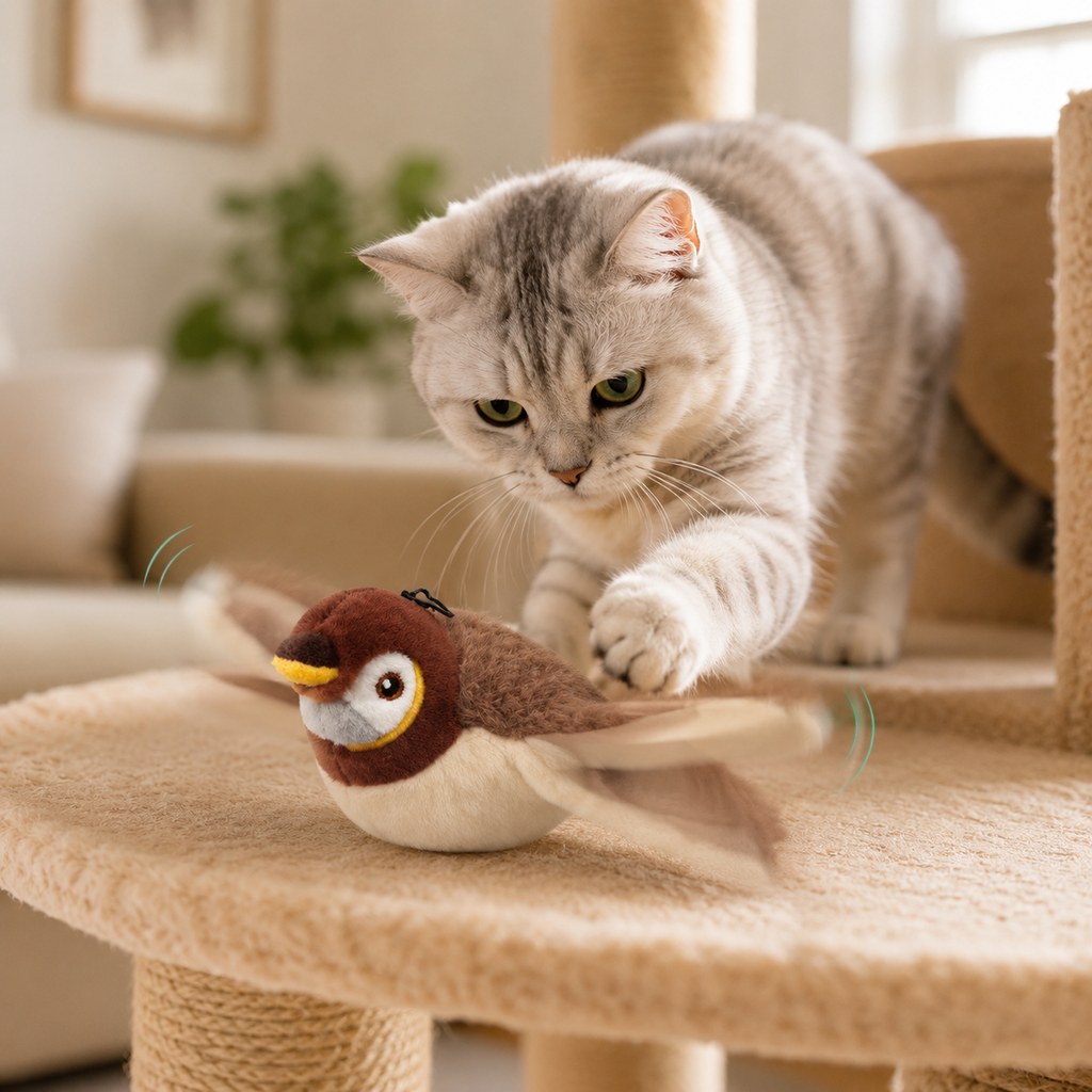SatsusRechargeable Flapping Bird Cat Toy for Indoor Cats - Tap-Activated Plush Kicker Toy for Boredom Relief & Hunting Instinct Play