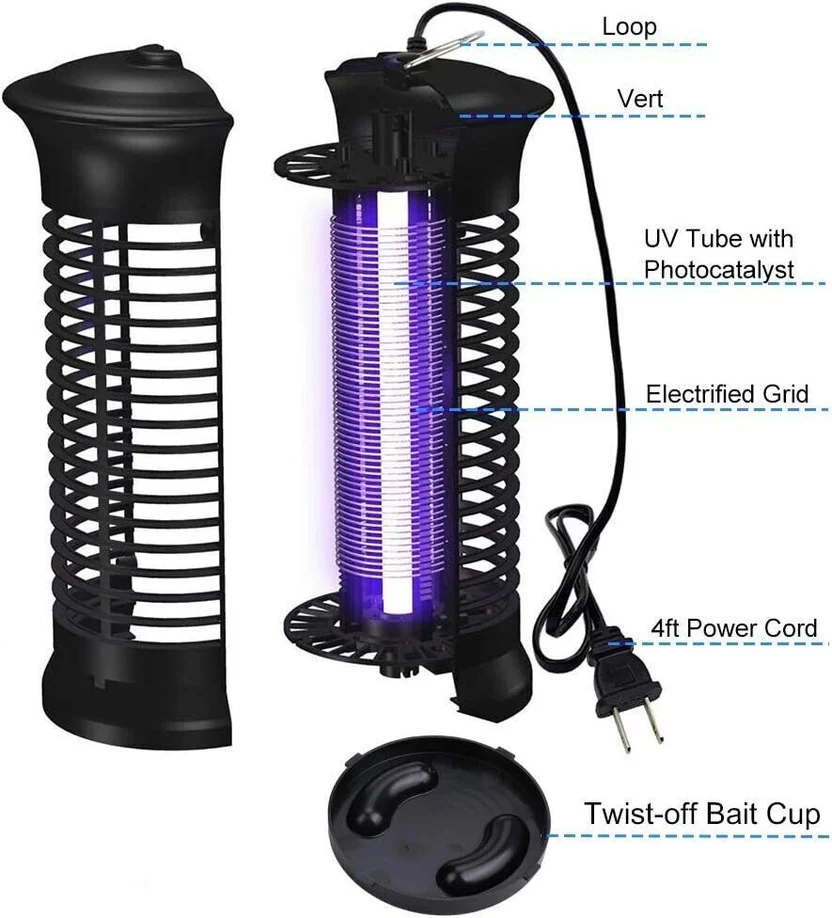 Electric UV bug zapper structure showing UV tube, electrified grid, power cord, hanging loop, vents, and removable bottom cup