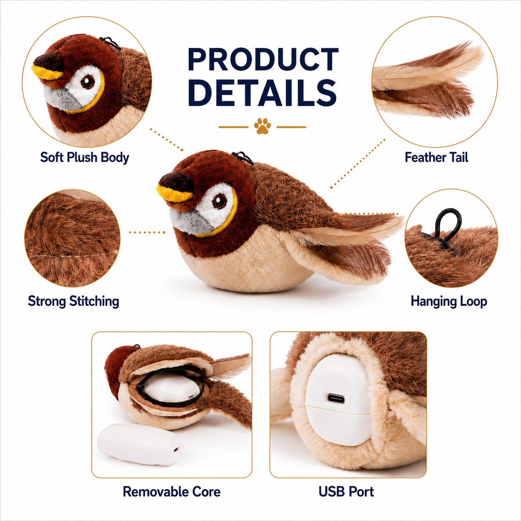 SatsusRechargeable Flapping Bird Cat Toy for Indoor Cats - Tap-Activated Plush Kicker Toy for Boredom Relief & Hunting Instinct Play