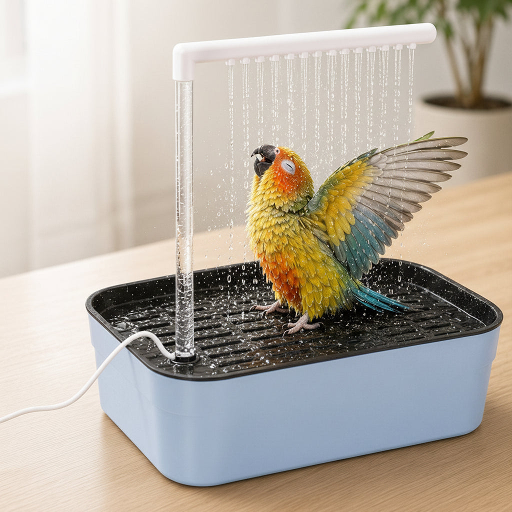 Automatic Bird Bath Fountain with Rain Shower and Anti-Slip Perch