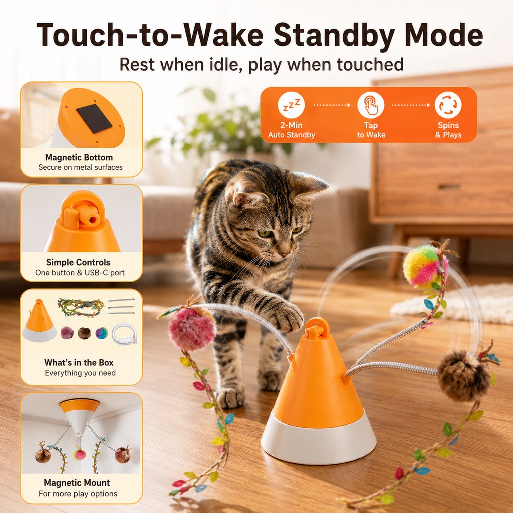 SatsusMiaSpin 360 Magnetic Rotating Cat Teaser Toy for Indoor Cats - USB-C Hands-Free Play to Beat Boredom