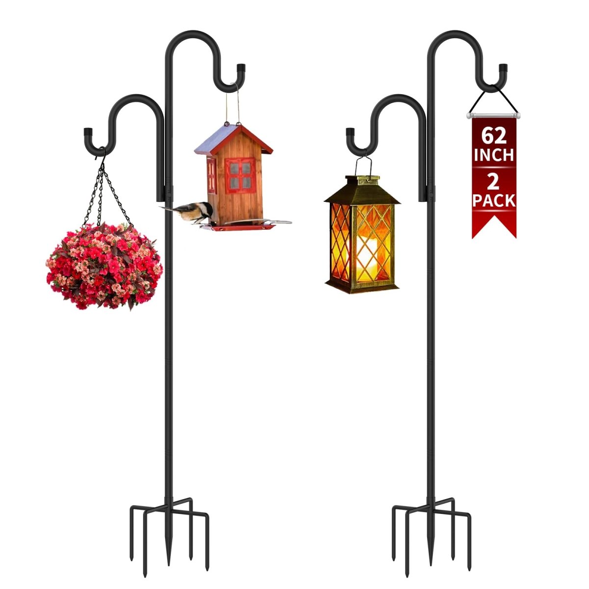 Double Shepherds Hooks for Outdoor, Heavy Duty Bird Feeder Pole, 2 Pack