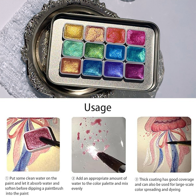 12 Color Shimmer Watercolor Paint Set for Art & Crafts