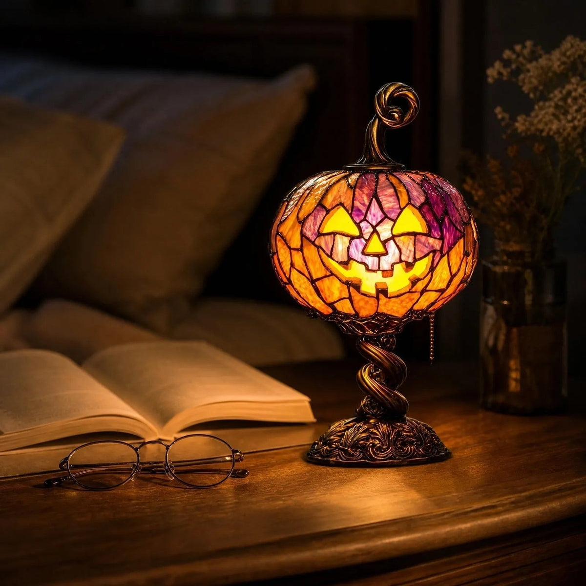Halloween Stained Glass Pumpkin Table Lamp USB Rechargeable