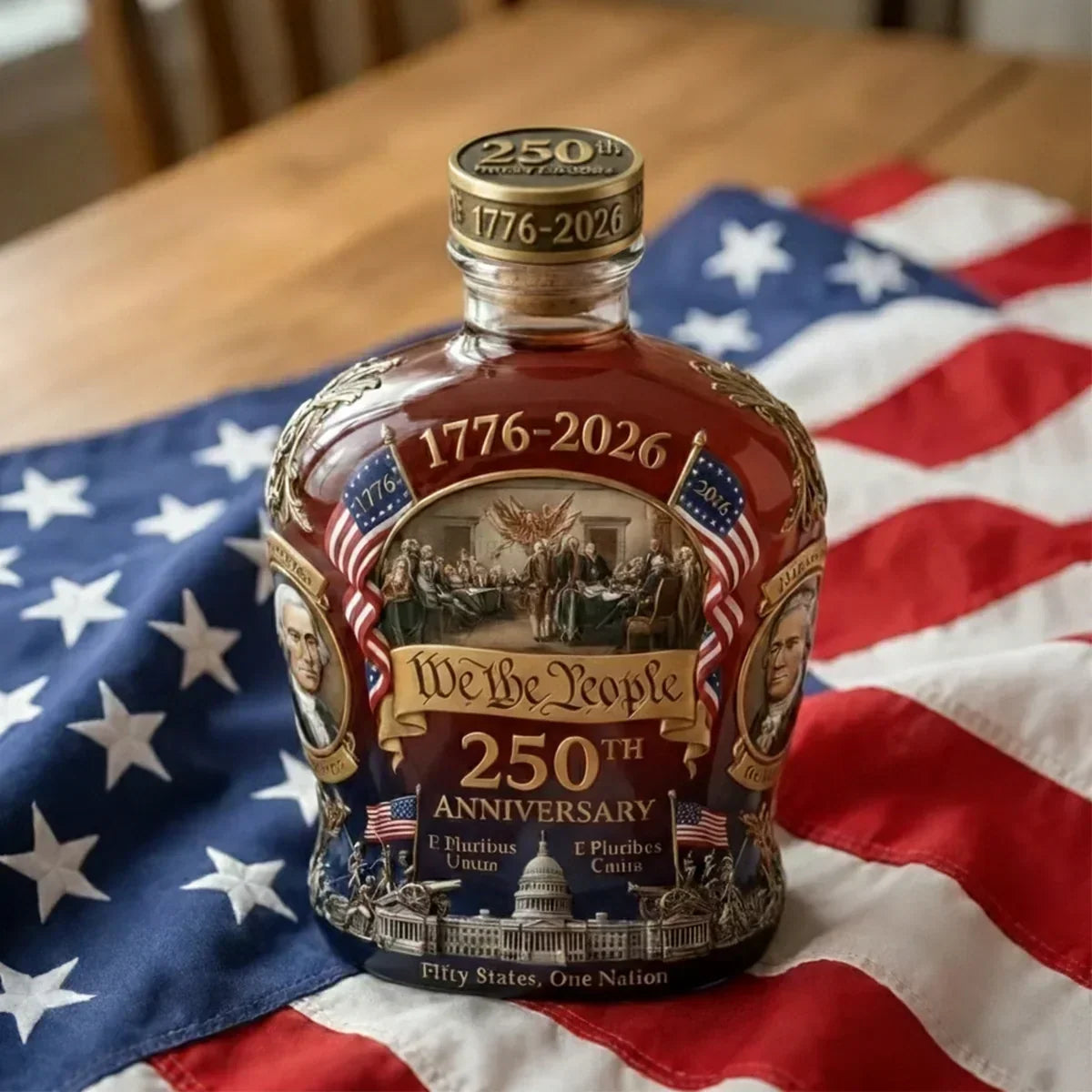 Bottle with 'We the People' 250th Anniversary label on an American flag