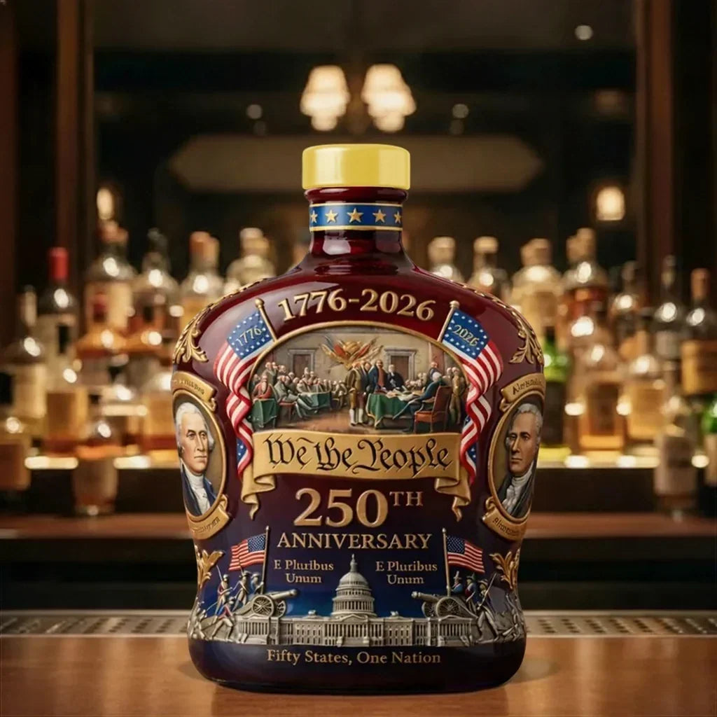 Bottle with 'We the People' 250th Anniversary design on a bar background