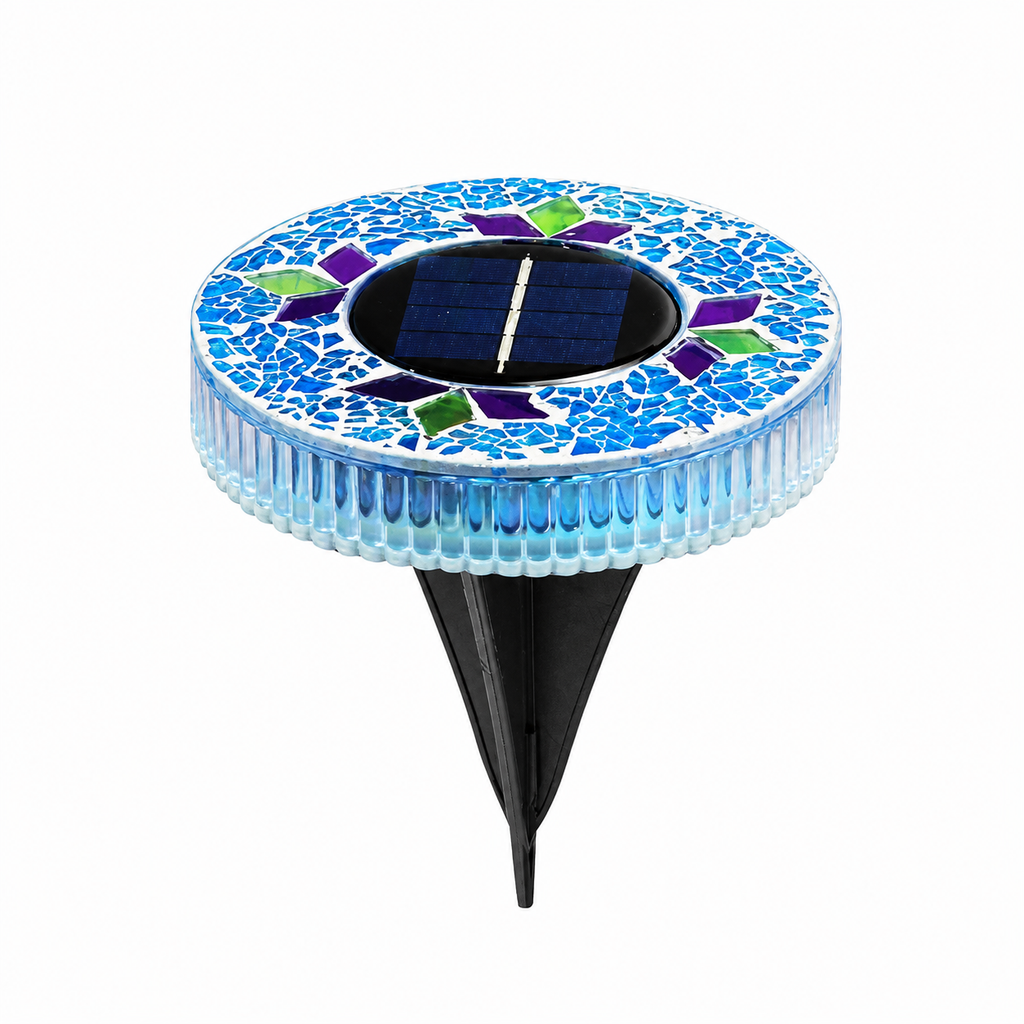 Blue mosaic solar ground light with built-in solar panel and ground stake