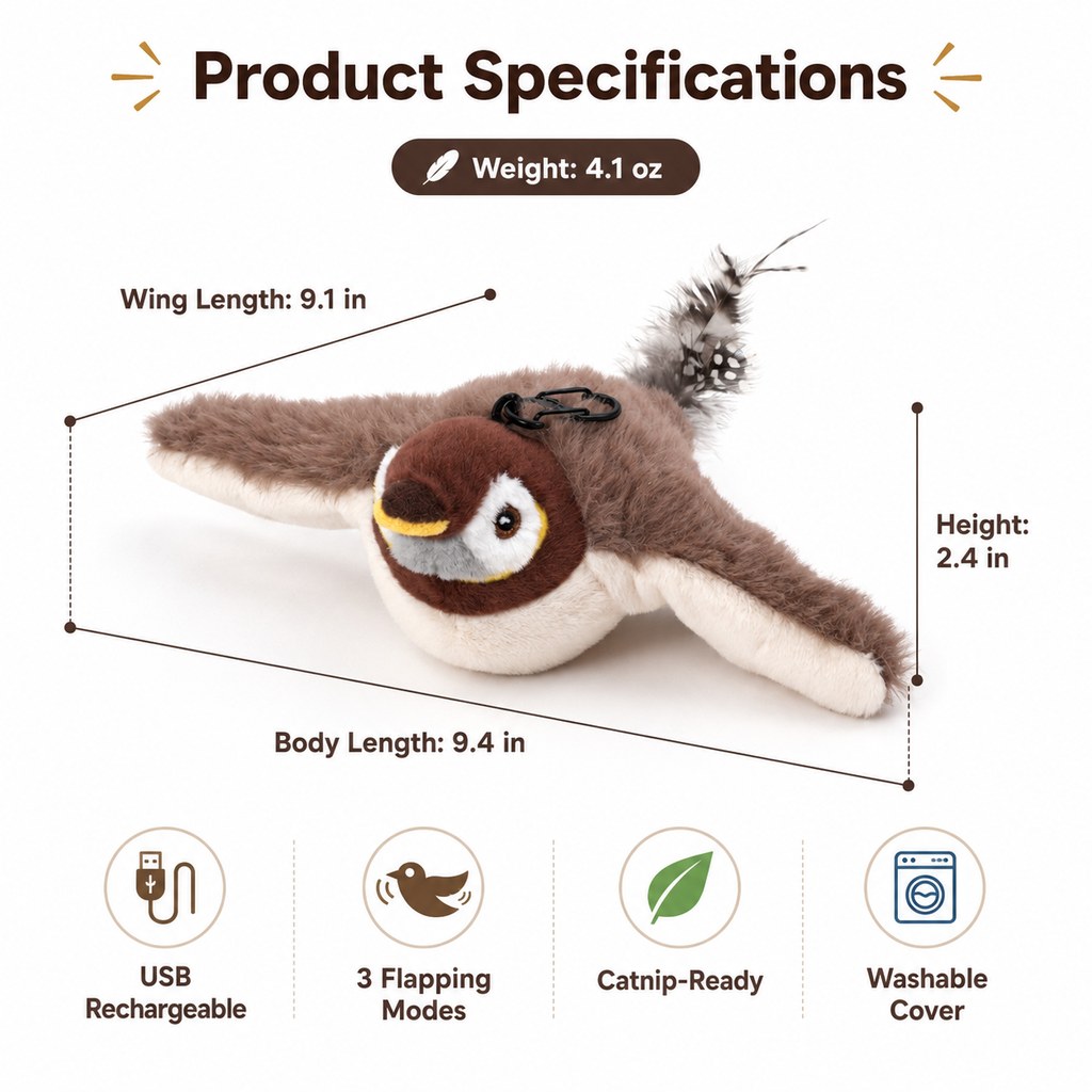 SatsusRechargeable Flapping Bird Cat Toy for Indoor Cats - Tap-Activated Plush Kicker Toy for Boredom Relief & Hunting Instinct Play