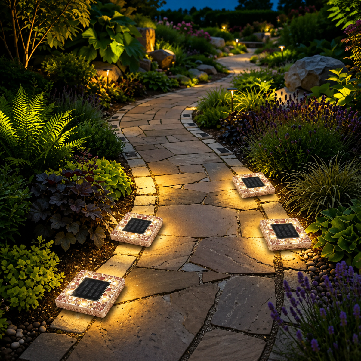 Warm white square solar ground lights illuminating a garden pathway at night